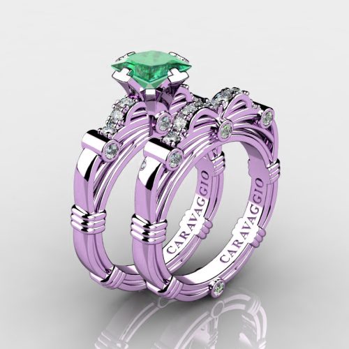 Art Masters Caravaggio 14K Lilac Gold 1.25 Ct Princess Emerald Diamond Engagement Ring Wedding Band Set R673PS-14KLGDEM