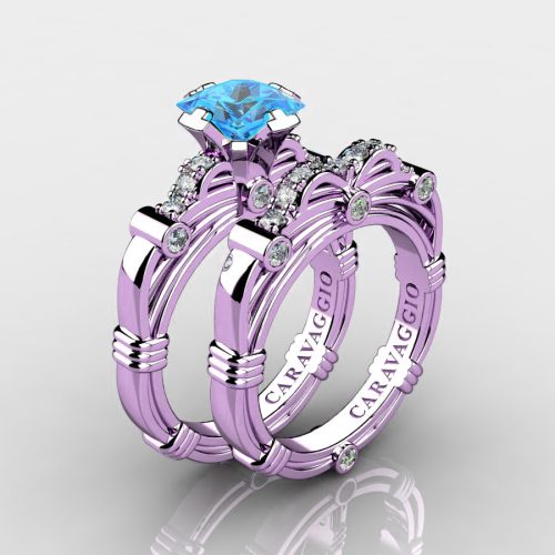 Art Masters Caravaggio 14K Lilac Gold 1.25 Ct Princess Blue Topaz Diamond Engagement Ring Wedding Band Set R673PS-14KLGDBT