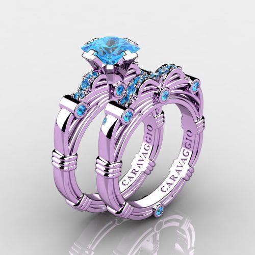 Art Masters Caravaggio 14K Lilac Gold 1.25 Ct Princess Blue Topaz Engagement Ring Wedding Band Set R673PS-14KLGBT