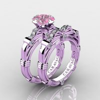 Art Masters Caravaggio 14K Lilac Gold 1.25 Ct Princess Light Pink Sapphire Diamond Engagement Ring Wedding Band Set R673PS-14KLGDLPS