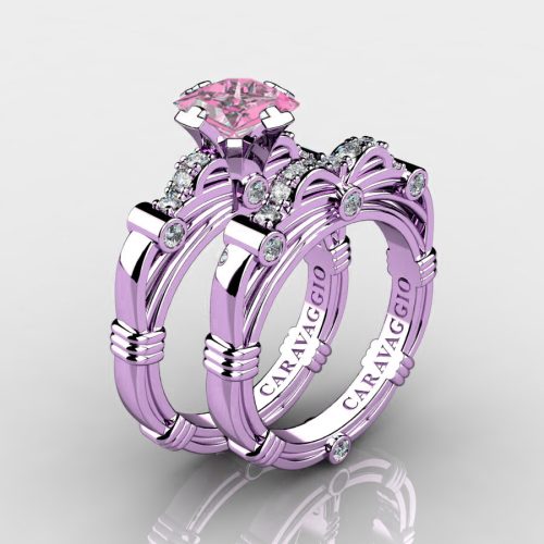 Art Masters Caravaggio 14K Lilac Gold 1.25 Ct Princess Light Pink Sapphire Diamond Engagement Ring Wedding Band Set R673PS-14KLGDLPS
