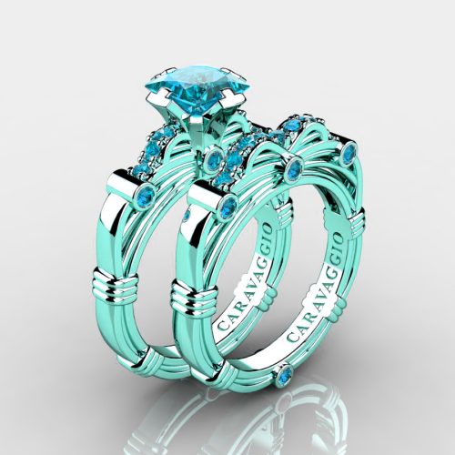 Art Masters Caravaggio 14K Cyan Gold 1.25 Ct Princess Blue Diamond Engagement Ring Wedding Band Set R673PS-14KCGBLD