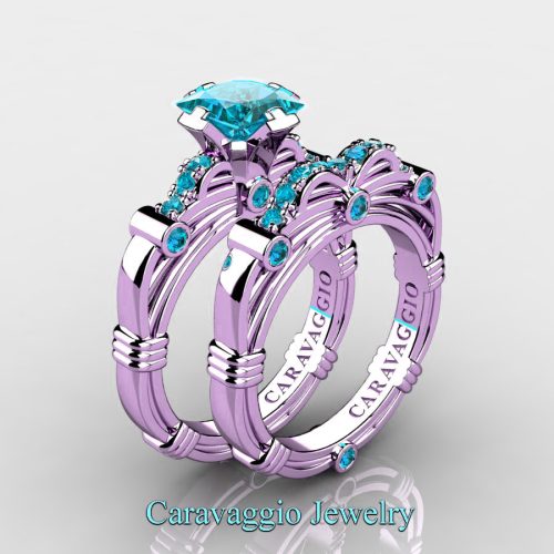 Art Masters Caravaggio 14K Lilac Gold 1.25 Ct Princess Blue Diamond Engagement Ring Wedding Band Set R673PS-14KLGBLD