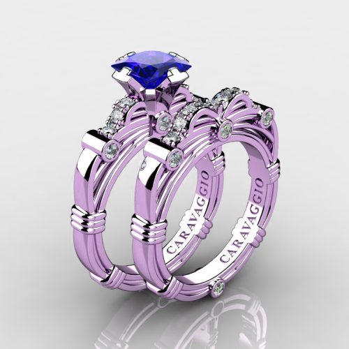 Art Masters Caravaggio 14K Lilac Gold 1.25 Ct Princess Blue Sapphire Diamond Engagement Ring Wedding Band Set R673PS-14KLGDBS