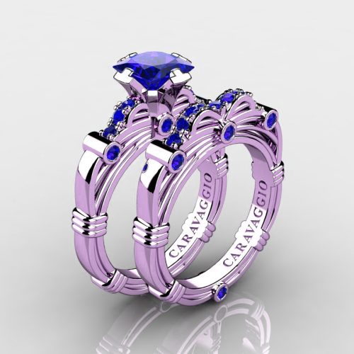 Art Masters Caravaggio 14K Lilac Gold 1.25 Ct Princess Blue Sapphire Engagement Ring Wedding Band Set R673PS-14KLGBS