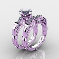 Art Masters Caravaggio 14K Lilac Gold 1.25 Ct Princess Grey Sapphire Engagement Ring Wedding Band Set R673PS-14KLGGS
