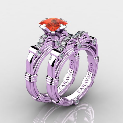Art Masters Caravaggio 14K Lilac Gold 1.25 Ct Princess Orange Sapphire Diamond Engagement Ring Wedding Band Set R673PS-14KLGDOS