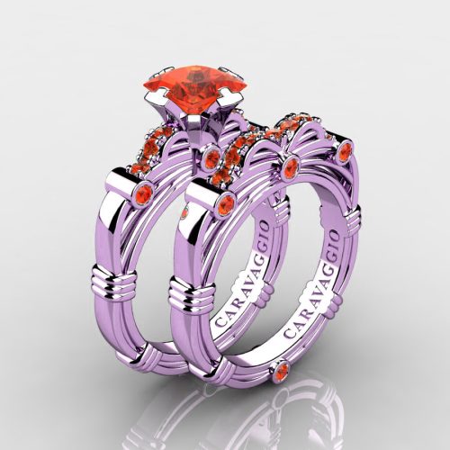 Art Masters Caravaggio 14K Lilac Gold 1.25 Ct Princess Orange Sapphire Engagement Ring Wedding Band Set R673PS-14KLGOS