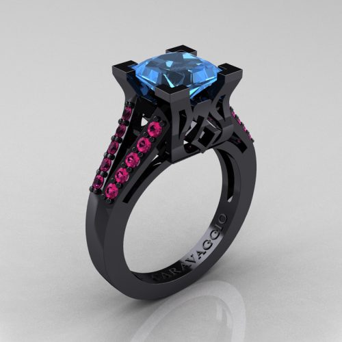 Caravaggio Classic 14K Black Gold 2.0 Ct Princess Blue Topaz Pink Sapphire Cathedral Engagement Ring R488-14KBGPSBT