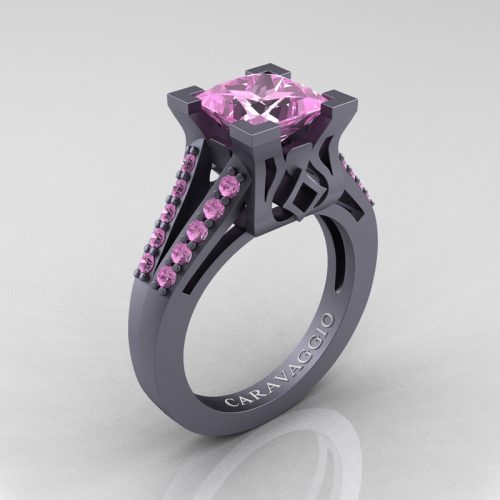 Caravaggio Classic 14K Matte Grey Gold 2.0 Ct Princess Light Pink Sapphire Cathedral Engagement Ring R488-14KGGLPS
