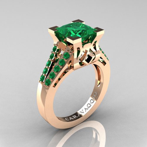 Caravaggio Classic 14K Rose Gold 2.0 Ct Princess Emerald Cathedral Engagement Ring R488-14KRGEM