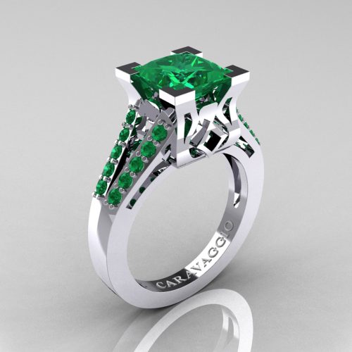 Caravaggio Classic 14K White Gold 2.0 Ct Princess Emerald Cathedral Engagement Ring R488-14KWGEM