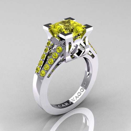 Caravaggio Classic 14K White Gold 2.0 Ct Princess Yellow Sapphire Cathedral Engagement Ring R488-14KWGYS