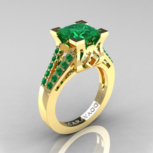 Caravaggio Classic 14K Yellow Gold 2.0 Ct Princess Emerald Cathedral Engagement Ring R488-14KYGEM