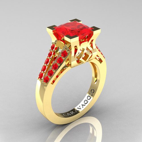 Caravaggio Classic 14K Yellow Gold 2.0 Ct Princess Ruby Cathedral Engagement Ring R488-14KYGR
