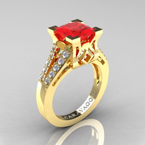 Caravaggio Classic 14K Yellow Gold 2.0 Ct Princess Ruby Diamond Cathedral Engagement Ring R488-14KYGDR