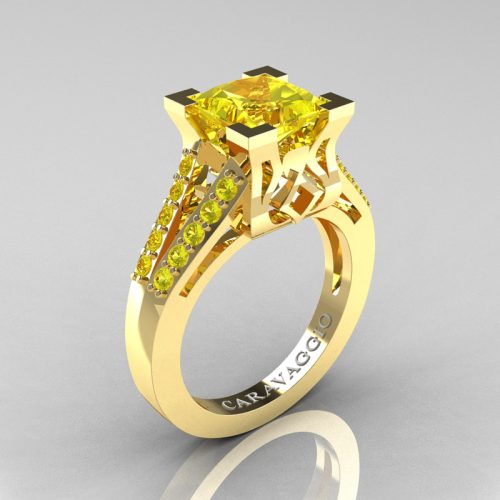 Caravaggio Classic 14K Yellow Gold 2.0 Ct Princess Yellow Sapphire Cathedral Engagement Ring R488-14KYGYS