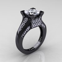 Caravaggio Classic 14K Black White Gold 2.0 Ct Princess White Sapphire Lattice Cathedral Engagement Ring R688-14KBWGWS