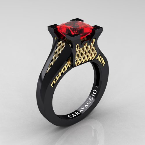 Caravaggio Classic 14K Black Yellow Gold 2.0 Ct Princess Ruby Lattice Cathedral Engagement Ring R688-14KBYGR