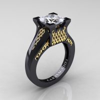 Caravaggio Classic 14K Black Yellow Gold 2.0 Ct Princess White Sapphire Lattice Cathedral Engagement Ring R688-14KBYGWS