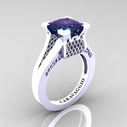 Caravaggio Classic 14K White Gold 2.0 Ct Princess Alexandrite Lattice Cathedral Engagement Ring R688-14KWGAL