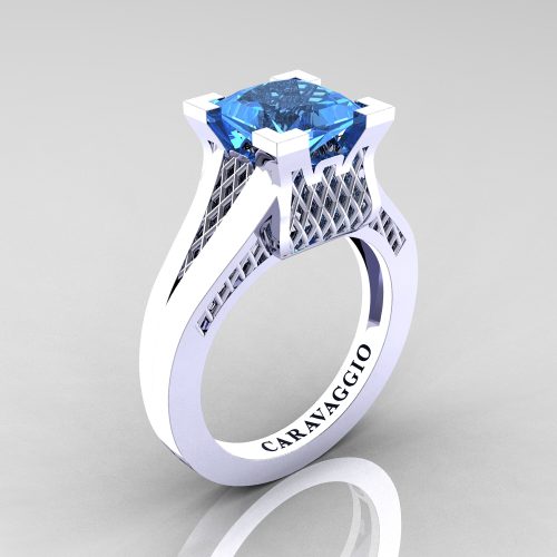 Caravaggio Classic 14K White Gold 2.0 Ct Princess Blue Topaz Lattice Cathedral Engagement Ring R688-14KWGBT