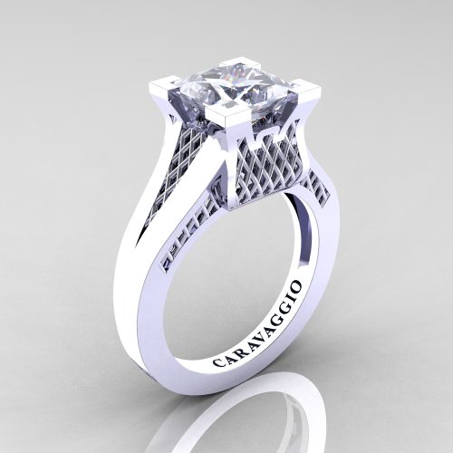 Caravaggio Classic 14K White Gold 2.0 Ct Princess White Sapphire Lattice Cathedral Engagement Ring R688-14KWGWS