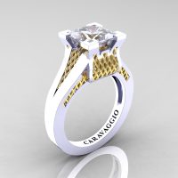 Caravaggio Classic 14K White Yellow Gold 2.0 Ct Princess White Sapphire Lattice Cathedral Engagement Ring R688-14KWYGWS