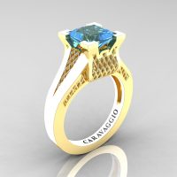 Caravaggio Classic 14K Yellow Gold 2.0 Ct Princess Swiss Blue Topaz Lattice Cathedral Engagement Ring R688-14KYGBT