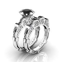 Caravaggio 925 Sterling Silver 1.0 Ct Black and White Diamond Italian Lattice Engagement Ring Wedding Band Set R633S-925SSDBD