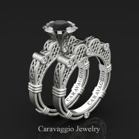 Caravaggio 925 Matte Sterling Silver 1.0 Ct Black Sapphire Diamond Italian Lattice Engagement Ring Wedding Band Set R633S-925SSMDBLS