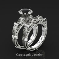 Caravaggio 925 Matte Sterling Silver 1.0 Ct Black Sapphire Italian Lattice Engagement Ring Wedding Band Set R633S-925SSMBLS