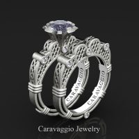 Caravaggio 925 Matte Sterling Silver 1.0 Ct Grey Sapphire Diamond Italian Lattice Engagement Ring Wedding Band Set R633S-925SSMDGS