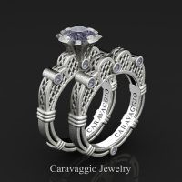 Caravaggio 925 Matte Sterling Silver 1.0 Ct Grey Sapphire Italian Lattice Engagement Ring Wedding Band Set R633S-925SSMGS