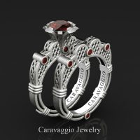 Caravaggio 925 Matte Sterling Silver 1.0 Ct Brown Diamond Lattice Engagement Ring Wedding Band Set R633S-925SSMBRD