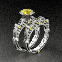 Caravaggio 925 Matte Sterling Silver 1.0 Ct Yellow Sapphire Lattice Engagement Ring Wedding Band Set R633S-925SSMYS